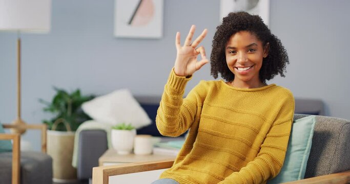 Face, smile and woman with perfect hands, wink or smile on a chair with good mood, attitude or positive mindset. Okay, emoji and portrait of female person in living room with vote, sign or feedback