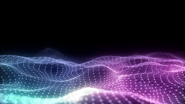 Abstract technology wave of particles and lines. Big data visualization. Dark background with motion dots and lines. Artificial intelligence. 3d rendering.