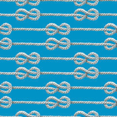 Seamless pattern of white watercolor knotted ropes realistic cords eight knots. Nautical thread whipcord with loops and noose on cerulean background. Hand drawn illustration. Hand drawn illustration.