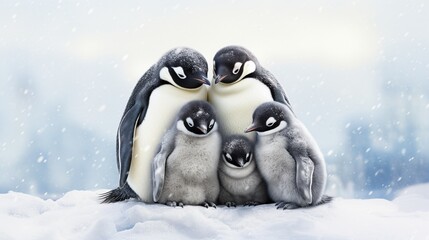 A family of penguins huddled together for warmth in the icy surroundings of the South Pole, their unity heartwarming in the cold. - obrazy, fototapety, plakaty