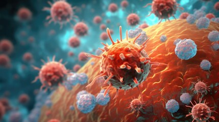 Lymphocytes Battling Cancer Cell - 3D Illustration of Immune System Fighting Metastasis - Medicine and Health Concept - obrazy, fototapety, plakaty