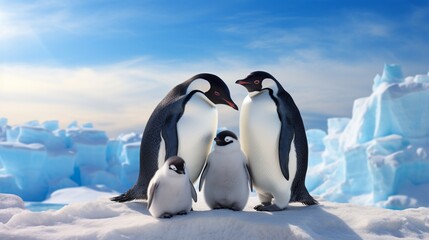 A family of penguins huddled together for warmth in the icy surroundings of the South Pole, their unity heartwarming in the cold.