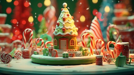 3D Christmas house with snow falling