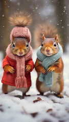 Fototapeta premium Cute squirrels in scarves, minimalistic snowy scene.