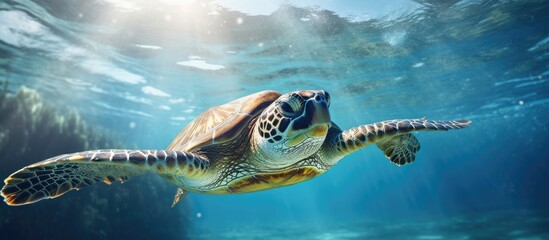 Turtle swimming in blue sea, photographed underwater.