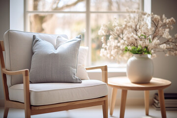 Fototapeta premium Close-up of a light armchair with pillows on a sunny day, flowers on a table indoors