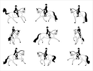 Vector set different riders on horses illustrations Isolated