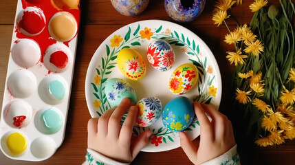 Children hands coloring easter eggs.