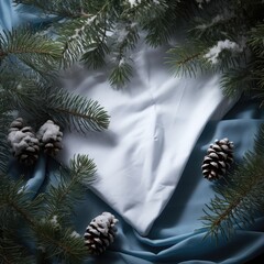 White cloth napkin, tablecloth among fir branches and snow. Christmas advertising banner, postcard