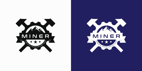Mining emblem vector logo design with hammer and gears