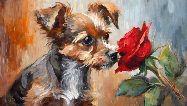 puppy dog ​​and red rose oil painting