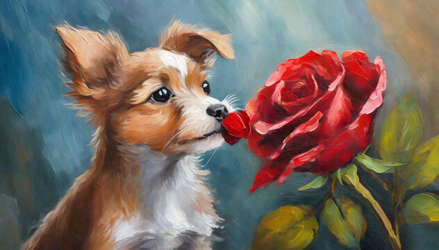 puppy dog ​​and red rose oil painting