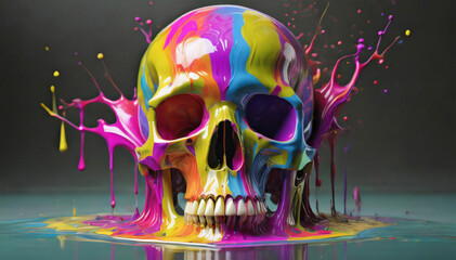 Colorful paints are pouring on the skull