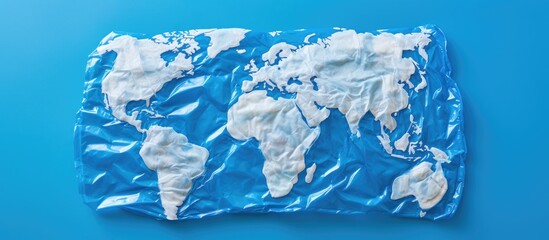 Top view of Earth made from plastic disposable packages on blue background, representing the concept of saving the world and addressing environmental pollution.