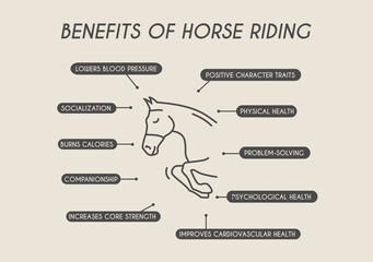 Benefits of horse riding. Equestrian infographic with outline icon and educational information. Physical and Mental Health for Horseback riders. Vector illustration.