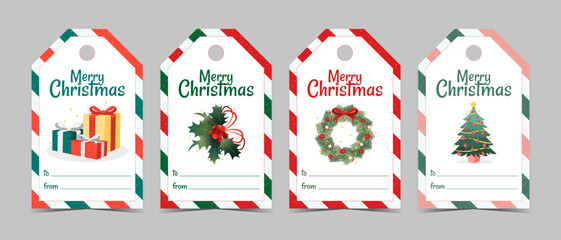 Set of Christmas colorful striped tags for gifts with wreath, xmas tree, gift boxes and mistletoe