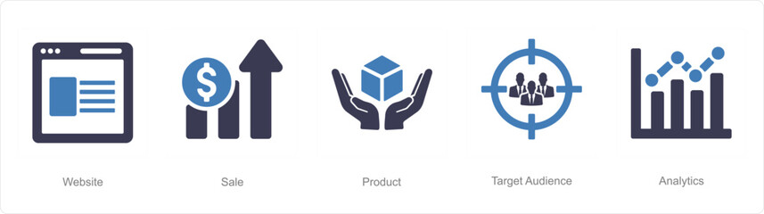 A set of 5 Digital Marketing icons as website, sale, product
