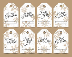 Set of Christmas vintage tags for gifts with snowflakes