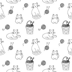 Cats and knitting seamless pattern, vector illustration hand drawing