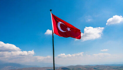 Turkish flag waving in the blue sky