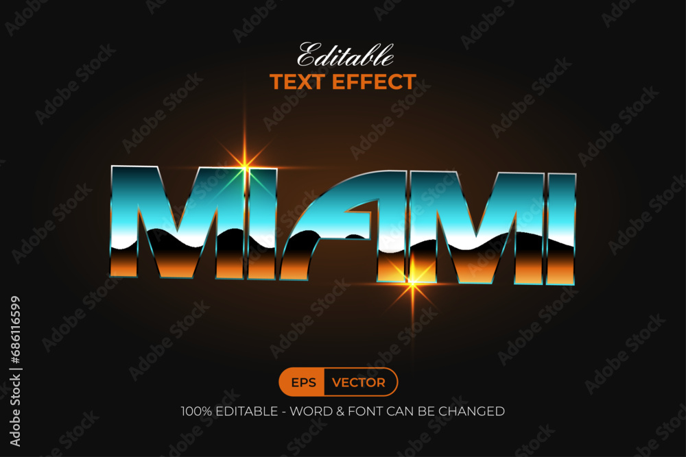 Wall mural miami text effect retro style. editable text effect.