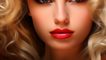 Fototapeta na wymiar Blond woman close up on lips with lipstick or lipgloss. Ruby red Close-up portrait. Hairstyle styling. Fashion, beauty, make-up, cosmetics, beauty salon, haircut, hairstyle, self-care, health. Smooth
