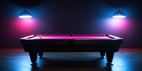 The iconic black 8-ball stands out on the lush blue felt of a pool table, under the ambient glow of pink neon - obrazy, fototapety, plakaty