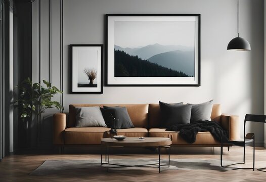 A large and small picture frames hang on a wall in a modern living room