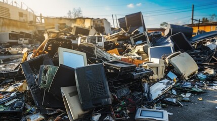 Large dump of electronic waste. Mountains of old broken and damaged monitors, televisions, and household appliances. - obrazy, fototapety, plakaty