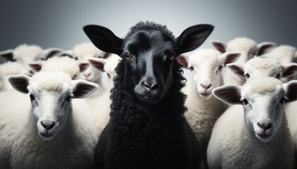 Obraz premium One black sheep standing away from a group of white sheep