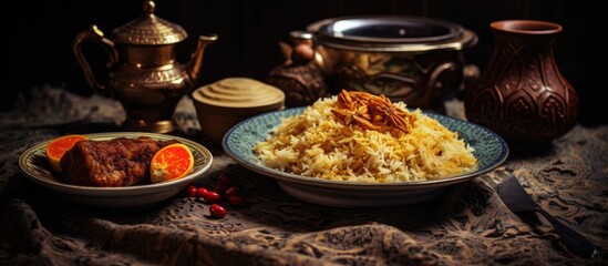 Traditional Uzbek meal consisting of pilaf, tea, and adras on the table.