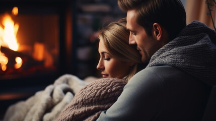 Lovely couple hugs near fireplace. Cozy evening. Romantic concept. Generative AI - obrazy, fototapety, plakaty