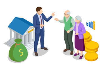 Isometric Retirement savings concept. Financial independence idea. Economy and wealth. Grandparents saved up money for comfortable old age. Economics, financial or banking systems