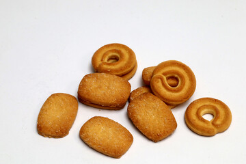 danish butter cookies isolated on white background, cookies close up.