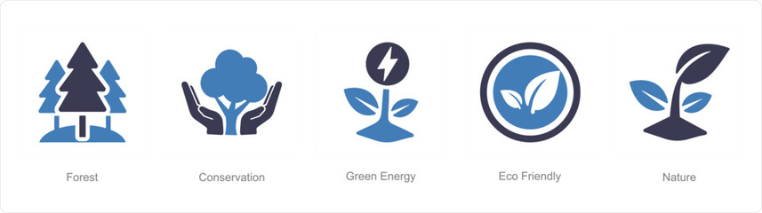 A set of 5 ecology icons as forest, conservation, green energy