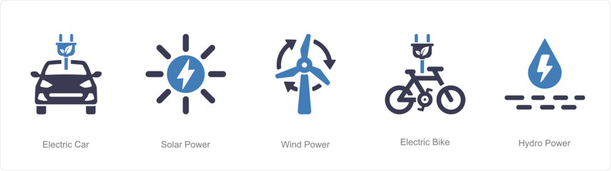 A set of 5 ecology icons as electric car, solar power, wind power