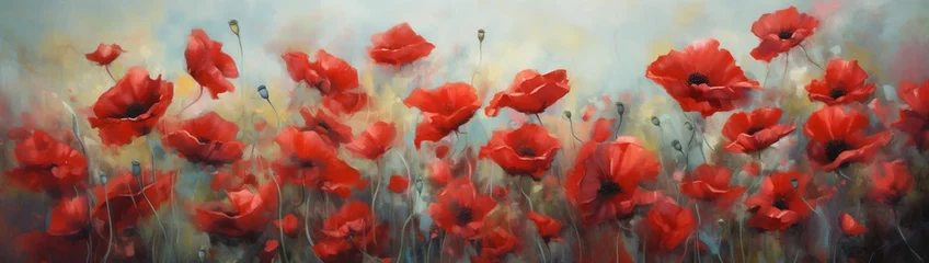 Poster A vibrant carpet of red poppies swaying rhythmically on a breezy afternoon, with shadows dancing delicately among them. © AQ Arts
