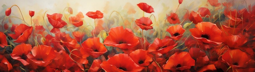 A vibrant carpet of red poppies swaying rhythmically on a breezy afternoon, with shadows dancing delicately among them.