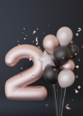 Golden number two and balloons on black background. Symbol 2. Invitation for a second birthday party, business anniversary, or any event celebrating a second milestone. Vertical picture. 3D Render.