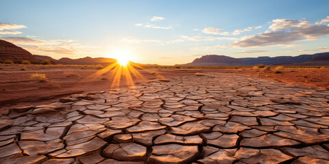 The sun beats down on an expansive desert, its ground parched and deeply fissured