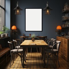 frame with poster mockup in cafe in modern Scandinavian style with table, chairs and plants