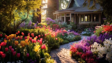 a garden in full bloom, where flowers feature a spectrum of coral, lilac, and buttercup yellow.