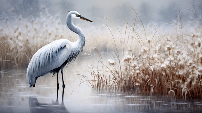 A graceful crane standing amidst a serene snow-covered marsh, its elegance enhanced by the peaceful winter landscape.