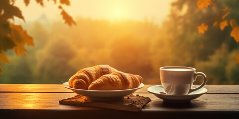 Cozy morning scene featuring a warm cup of coffee and fresh croissants bathed in the golden sunrise