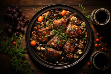 Coq au vin on wooden table shoot from above .Chicken and wine Classic French cuisine - 686119177