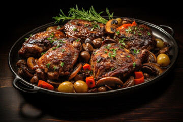 Coq au vin on wooden table shoot from above .Chicken and wine Classic French cuisine - 686119318