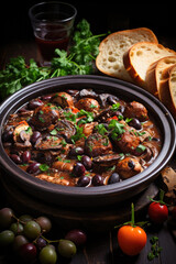Coq au vin on wooden table shoot from above .Chicken and wine Classic French cuisine - 686119323