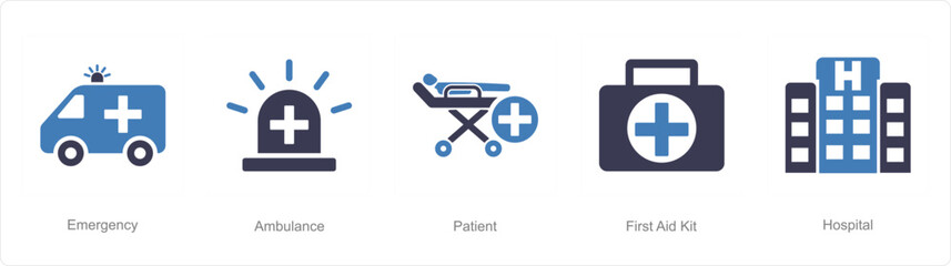 A set of 5 Emergency icons as emergency, ambulance, patient