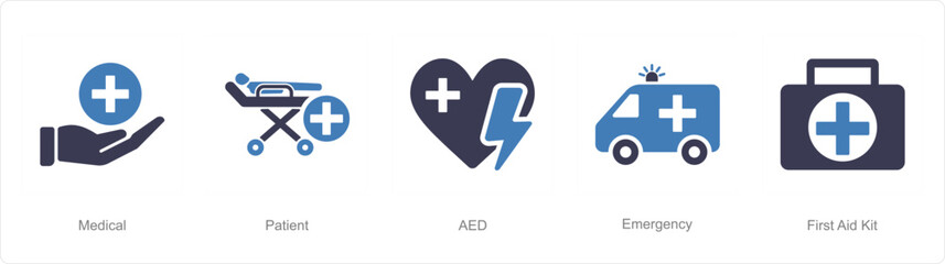 Obraz premium A set of 5 Emergency icons as medical, patient, aed