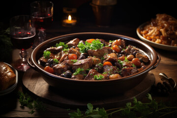 Coq au vin on wooden table shoot from above .Chicken and wine Classic French cuisine - 686119391